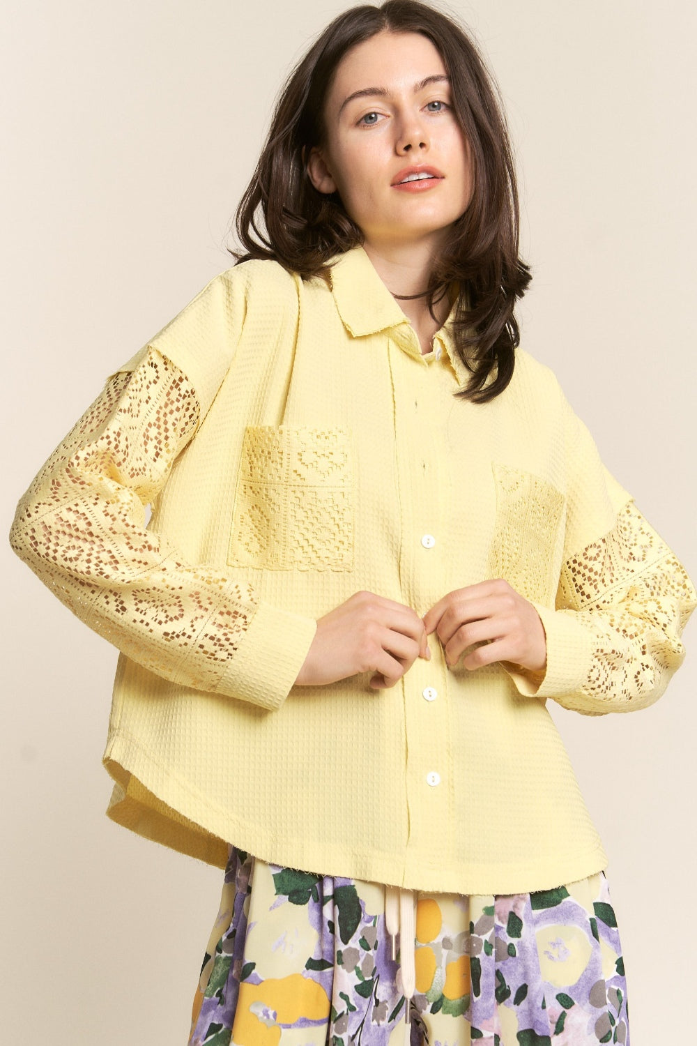 J.NNA Button Down Lace Long Sleeve Waffle Shirt 