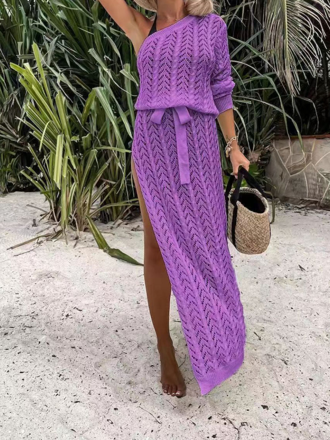 Slit Openwork Single Shoulder Knit Dress - Babbazon Maxi Dress