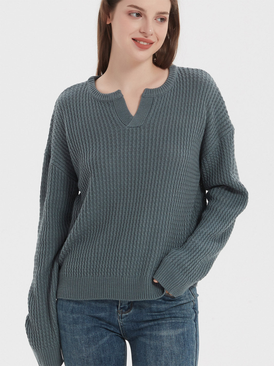 Notched Dropped Shoulder Sweater 