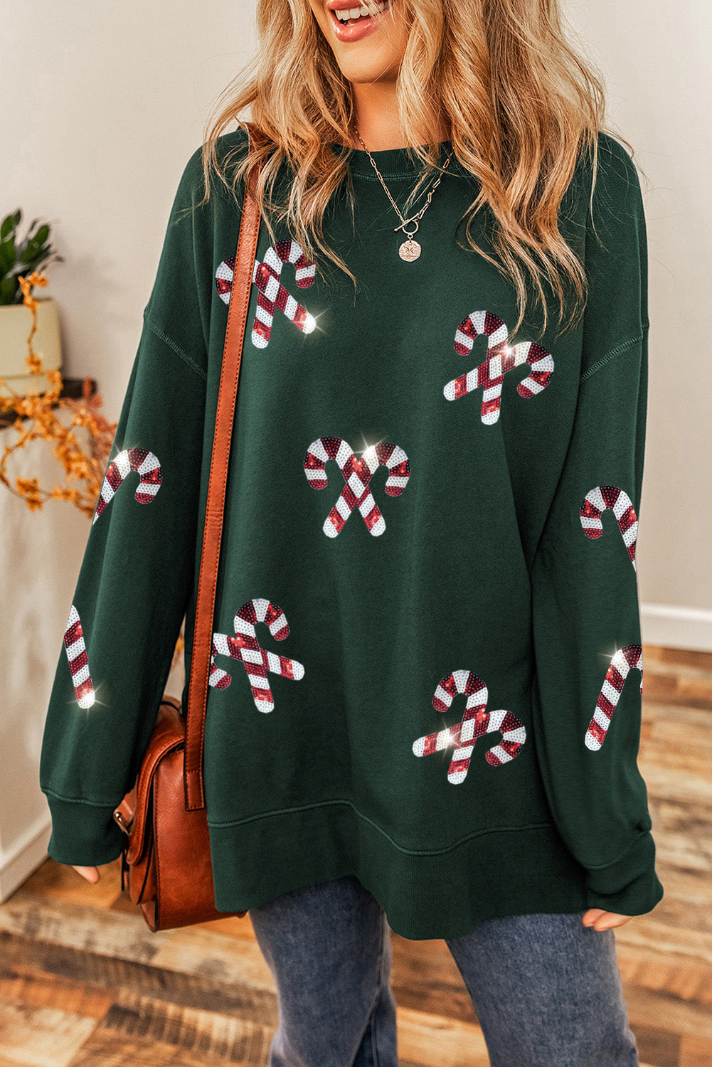 Candy Cane Sequin Round Neck Long Sleeve Sweatshirt 