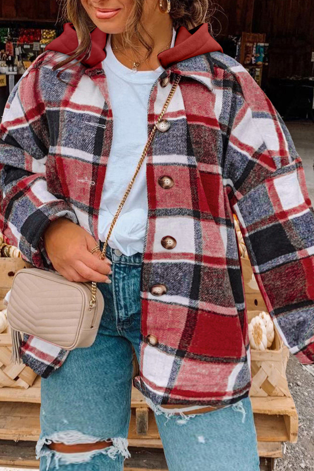 Plus Size Plaid Button Up Hooded Jacket 