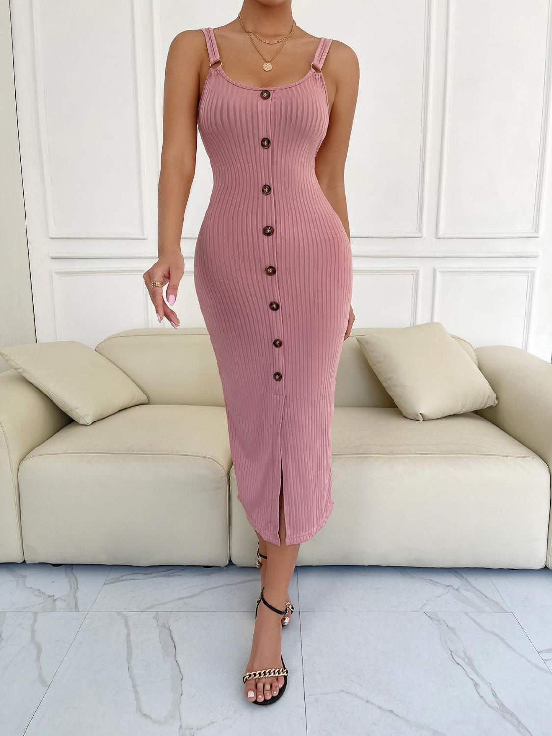 Ribbed Slit Decorative Button Cami Dress - Babbazon Midi Dress