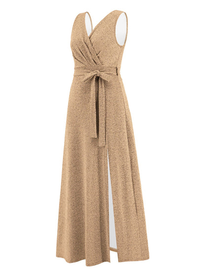 Slit Surplice Tie Waist Sleeveless Dress 