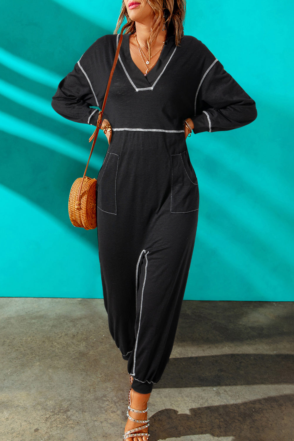 Contrast Stitching Pocketed Dropped Shoulder Jumpsuit 