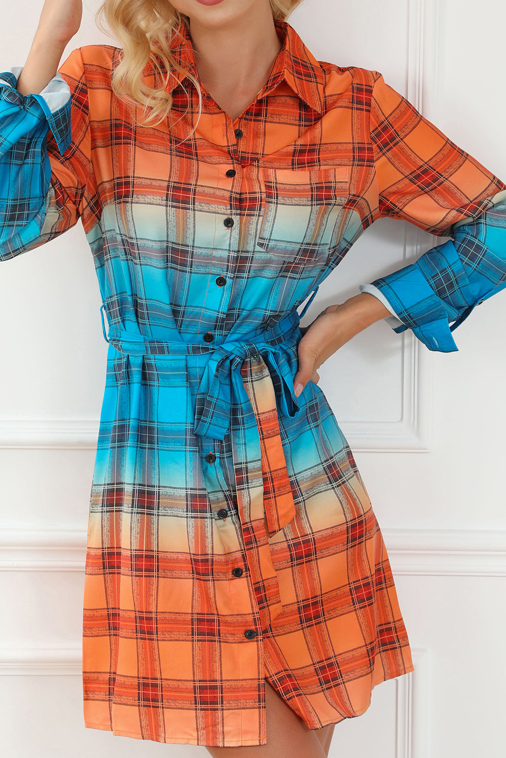 Plaid Button Up Tie-Waist Dress 