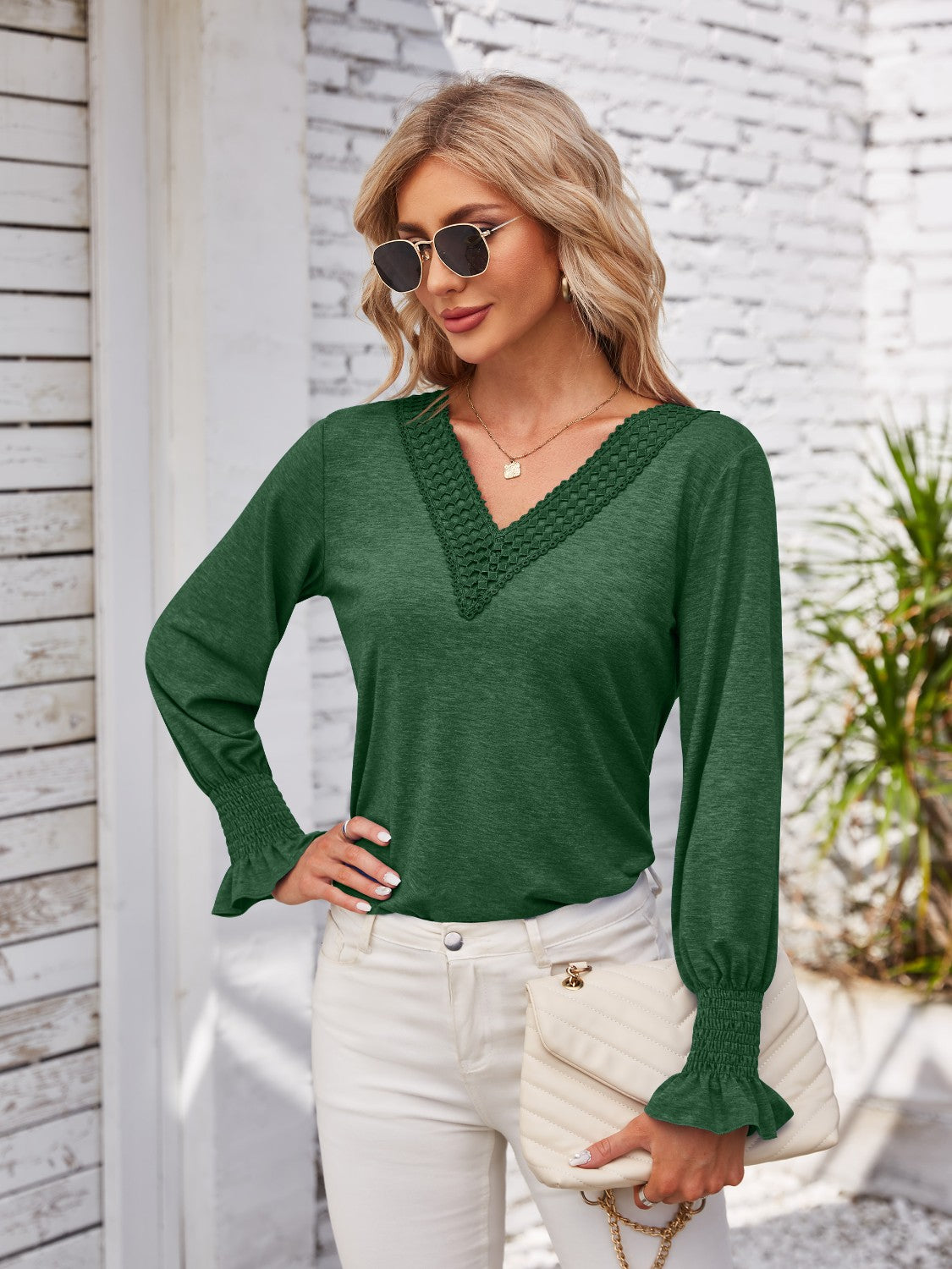 V-Neck Smocked Ruffled Long Sleeve Top