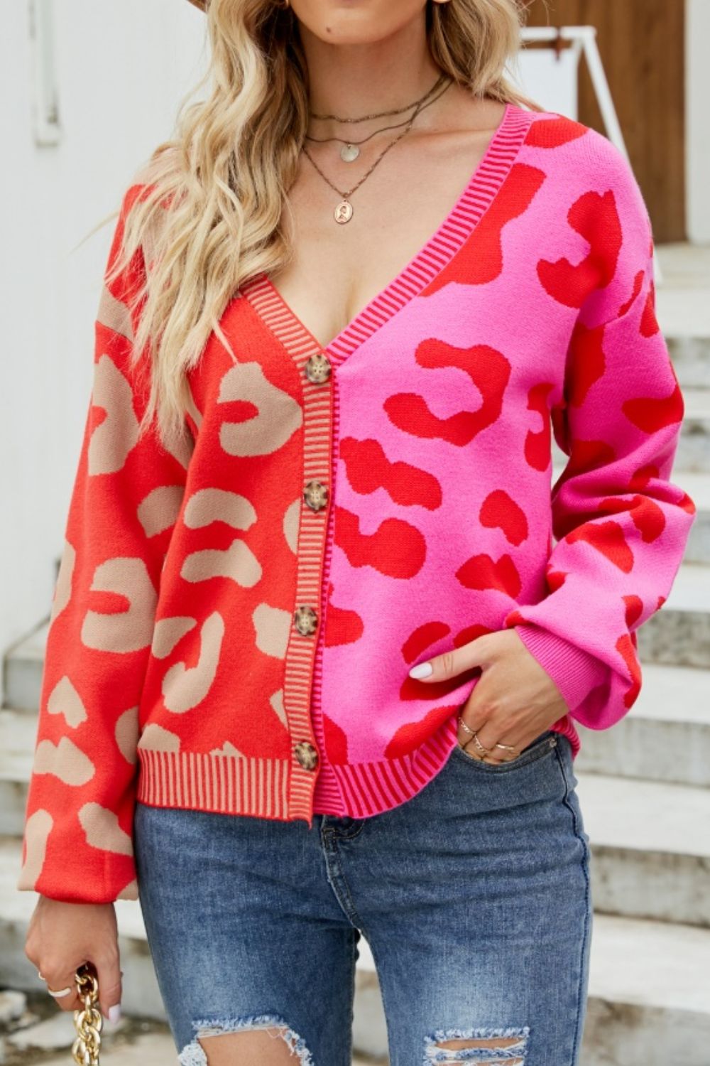 Leopard Button Up Dropped Shoulder Cardigan 