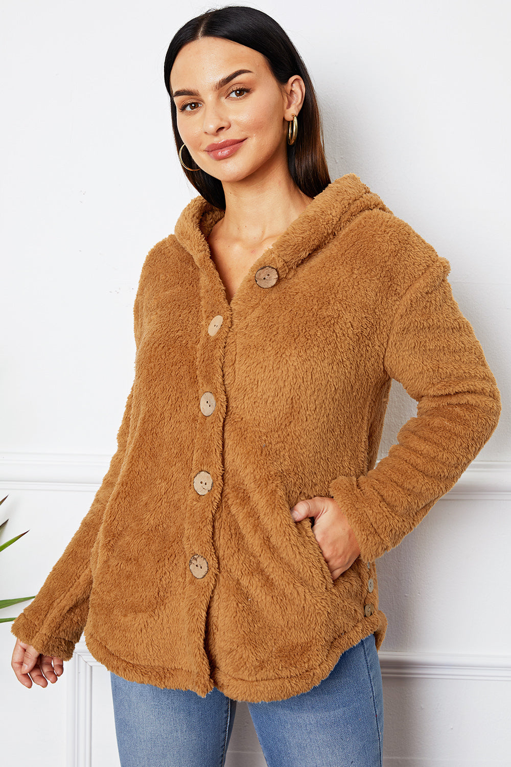 Fuzzy Button Up Hooded Outerwear 