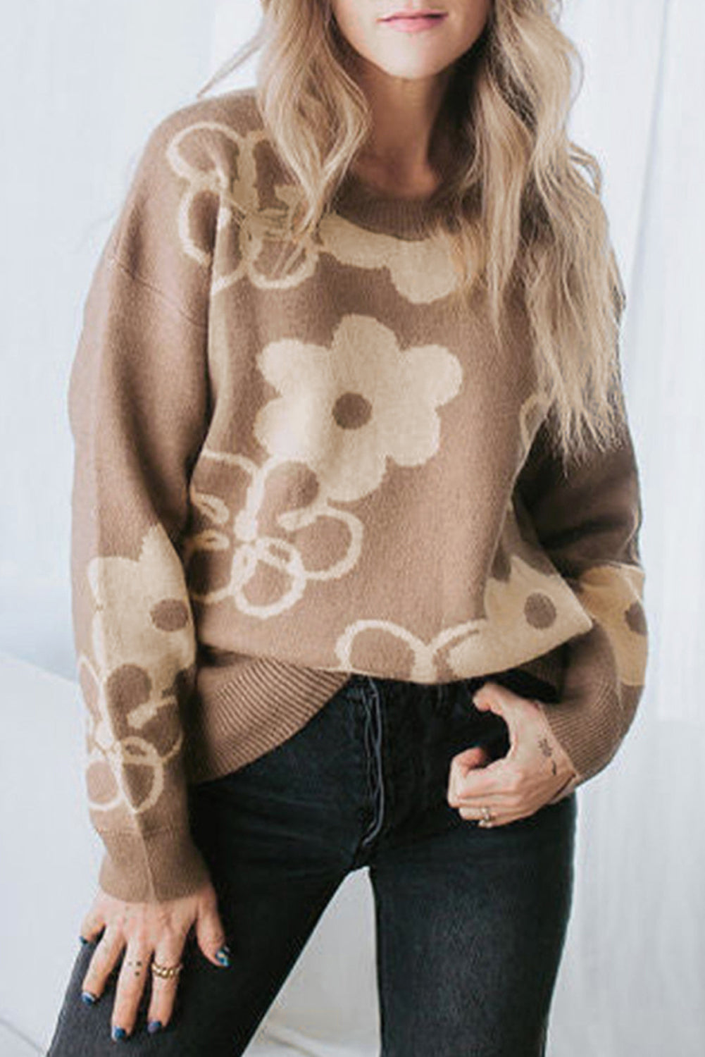 Flower Round Neck Dropped Shoulder Sweater 