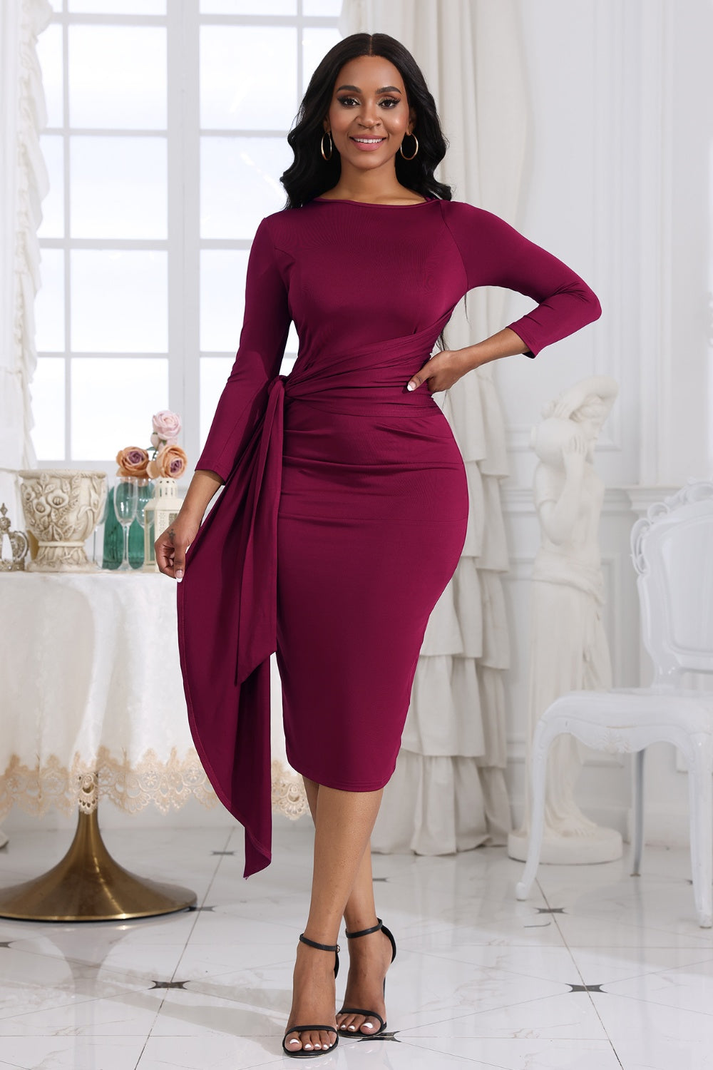 Tie Detail Round Neck Midi Dress 