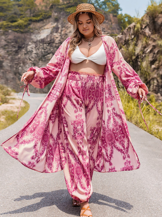 Plus Size Open Front Cardigan and Pants Set 