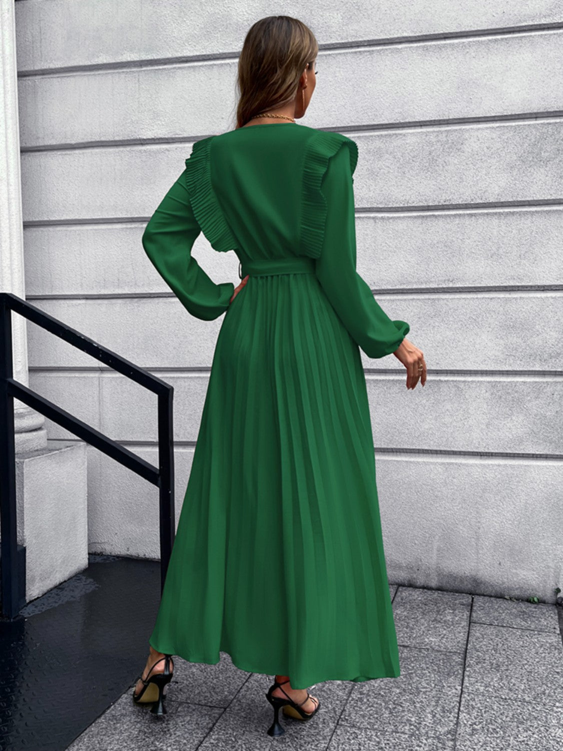 Pleated Surplice Tie Waist Maxi Dress 