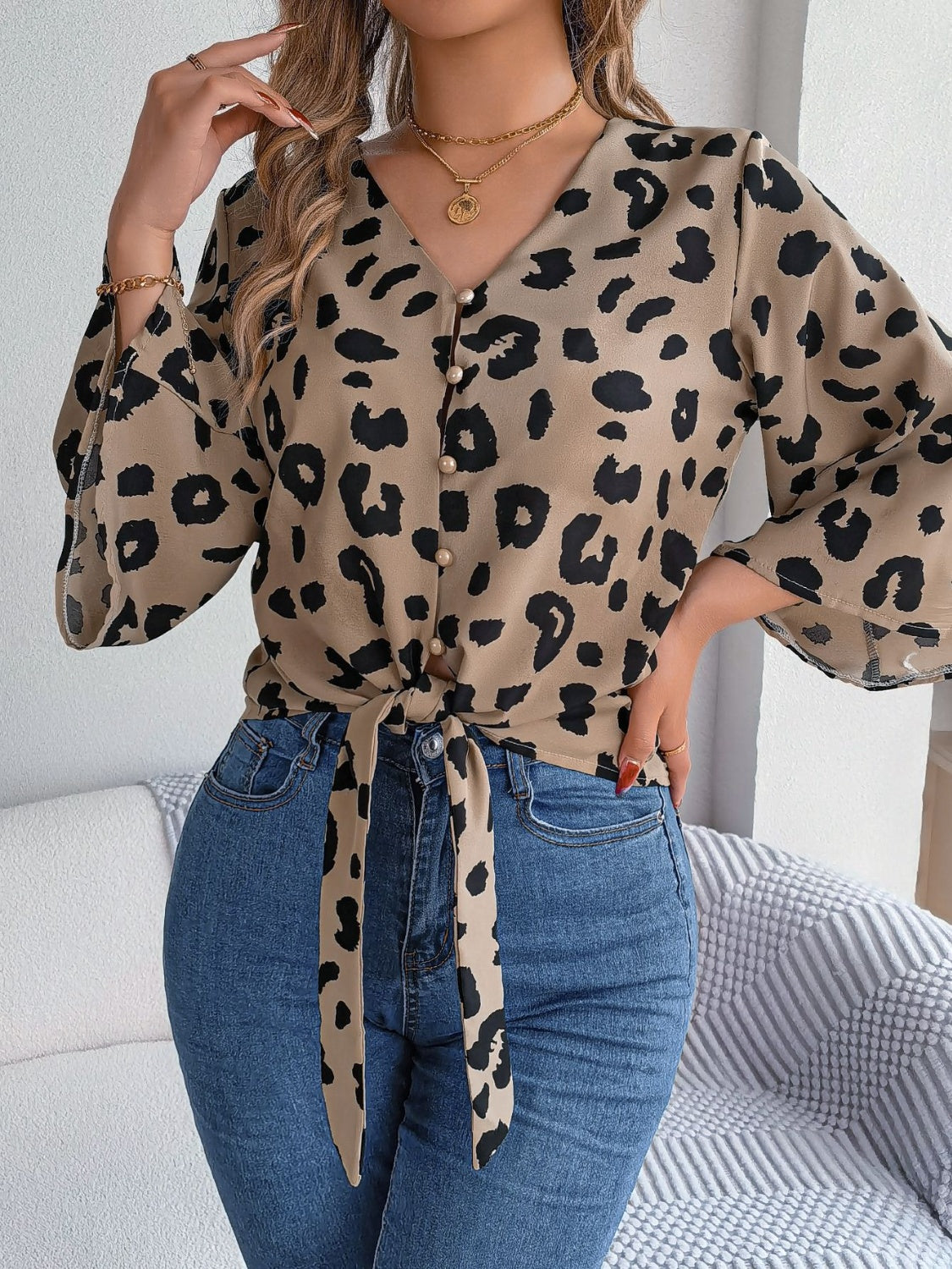 Tied Button Up Leopard V-Neck Blouse 