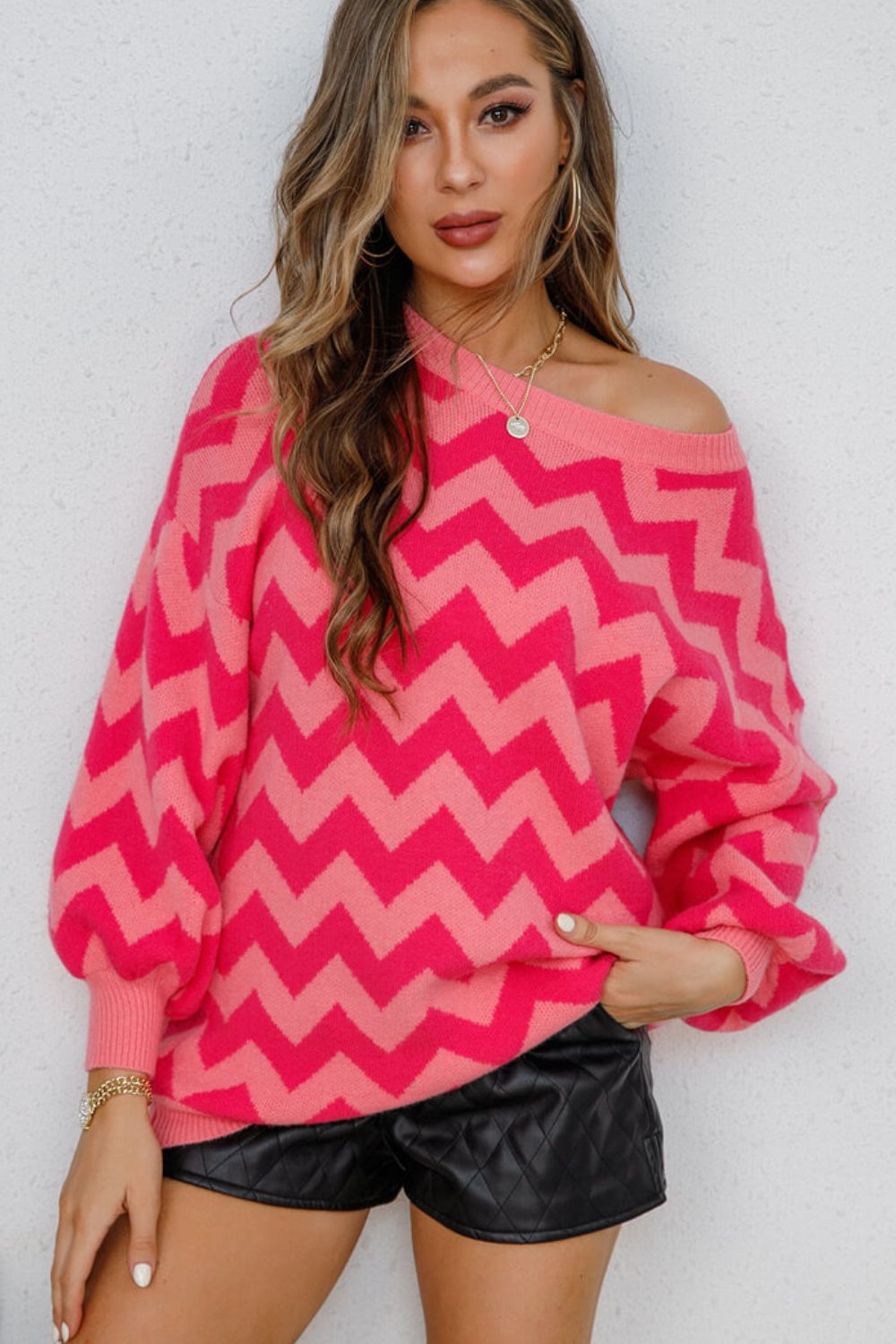 Chevron Lantern Sleeve Tunic Sweater 