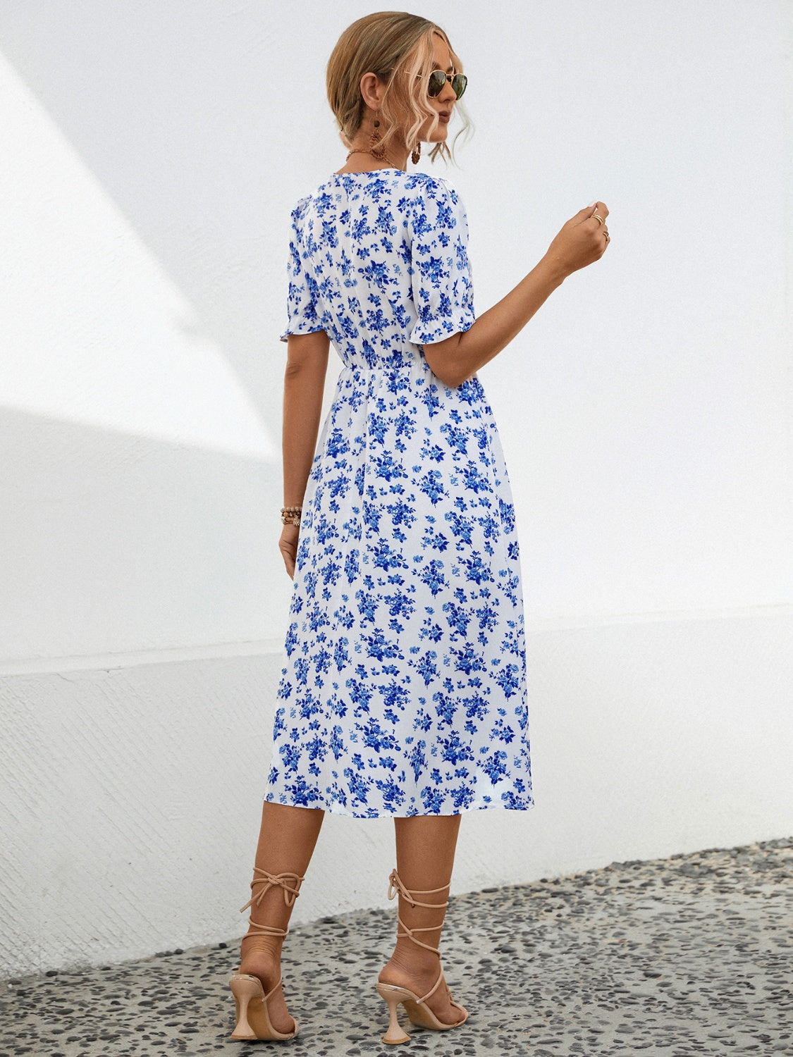 Slit Printed V-Neck Short Sleeve Dress 