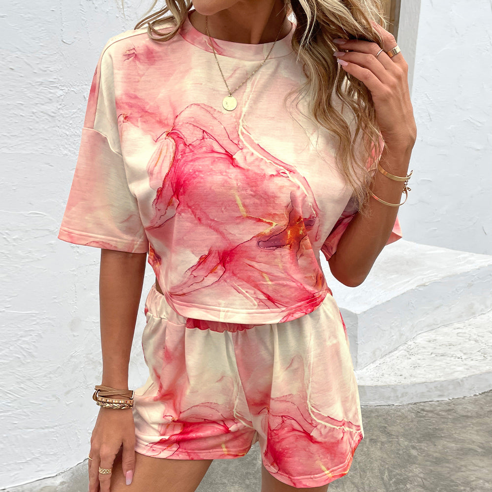 Printed Round Neck Dropped Shoulder Half Sleeve Top and Shorts Set 