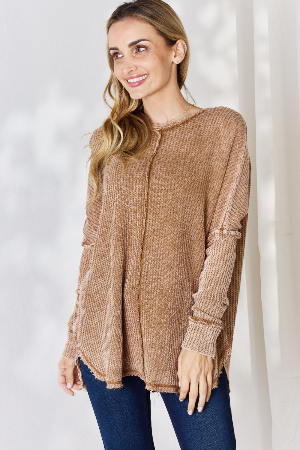 Zenana Oversized Washed Waffle Long Sleeve Top 