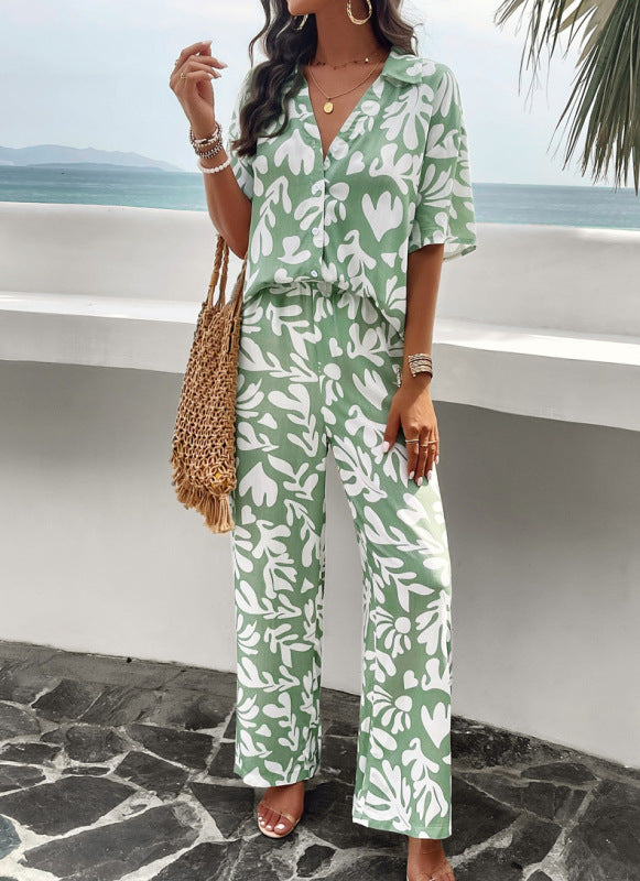 Elegant printed short-sleeved trousers two-piece suit 