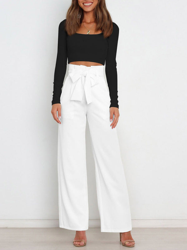 Women's trousers casual versatile wide leg trousers with belt 