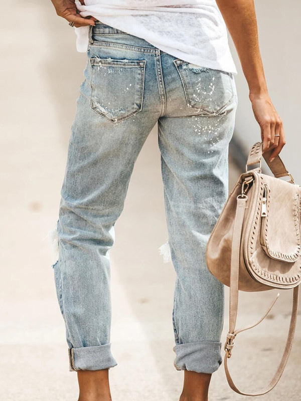 Stretch washed ripped straight-leg street style denim trousers 